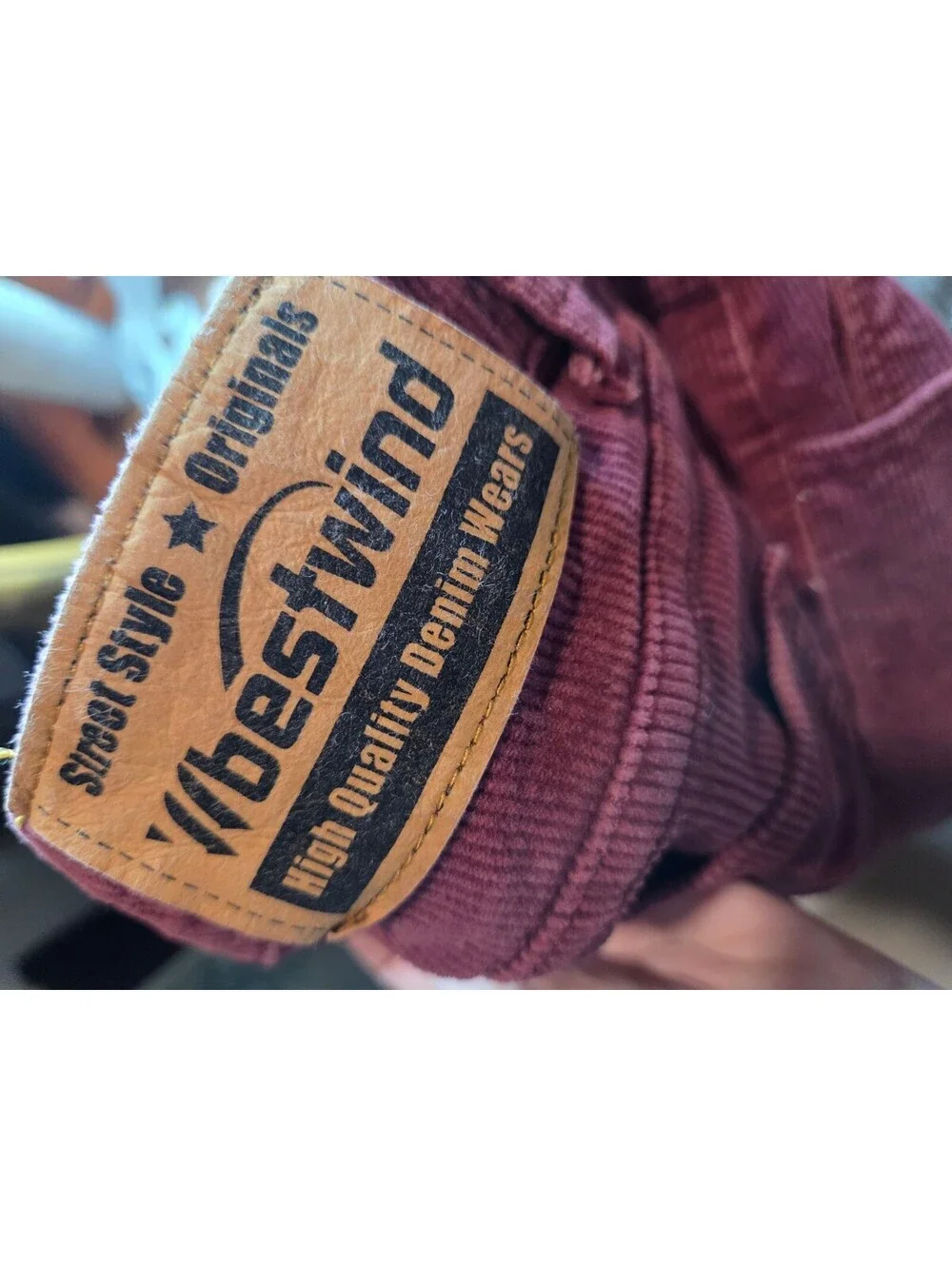 bestwind Burgundy Corduroy Jeans with Distressed Knees, Size 2XL